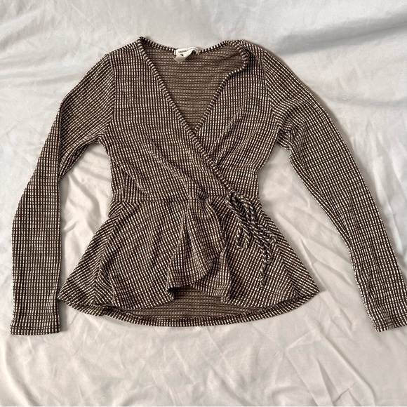 Caution to the Wind - Faux Wrap Top - Small White and Tawny Brown - Picture 2 of 8